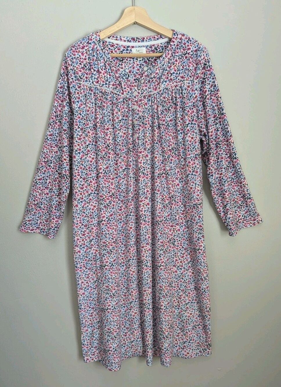Aria Soft Fleece Nightgown Womens XL Pink Floral Button Long Sleeve Cozy 14 16